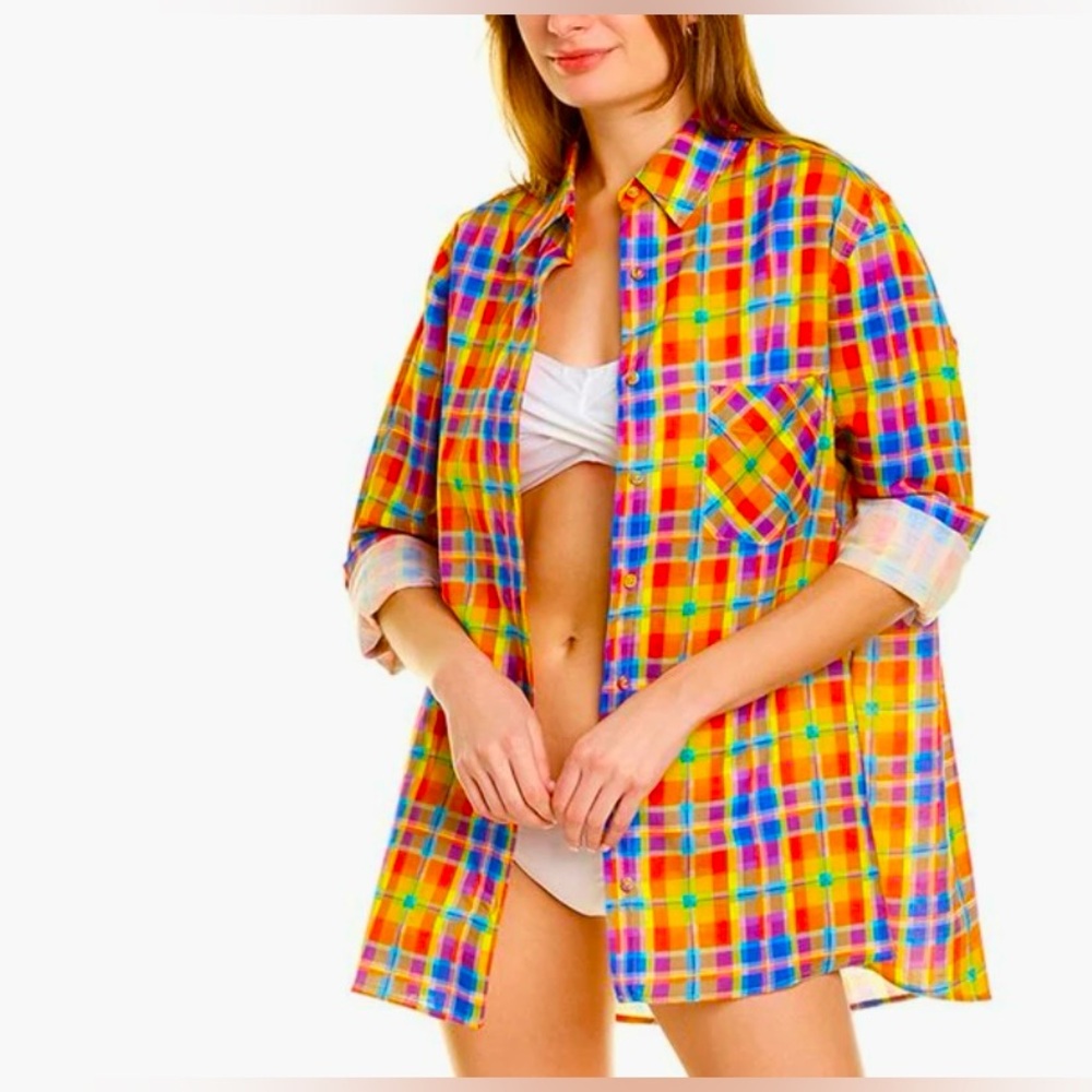 WeWoreWhat Colorful Plaid Dad Shirt/Cover-up, Size L